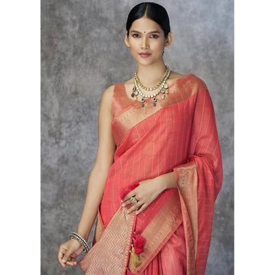 Gajari Pink Woven Cotton Silk Saree With Tassels