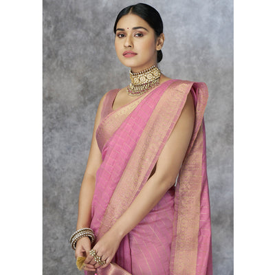 Pink Woven Cotton Silk Saree With Tassels