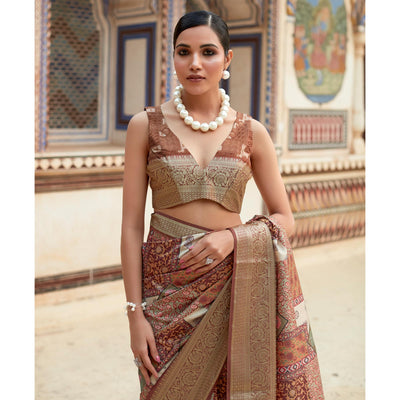 Brown Printed Dola Silk Saree