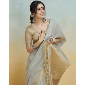 Light Grey Woven Cotton Silk Saree With Tassels