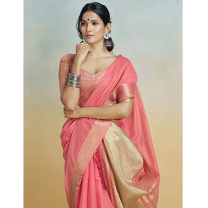 Gajari Pink Woven Cotton Silk Saree With Tassels