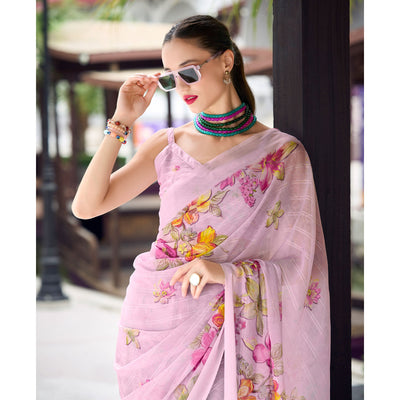 Light Pink Floral Digital Printed Georgette Saree