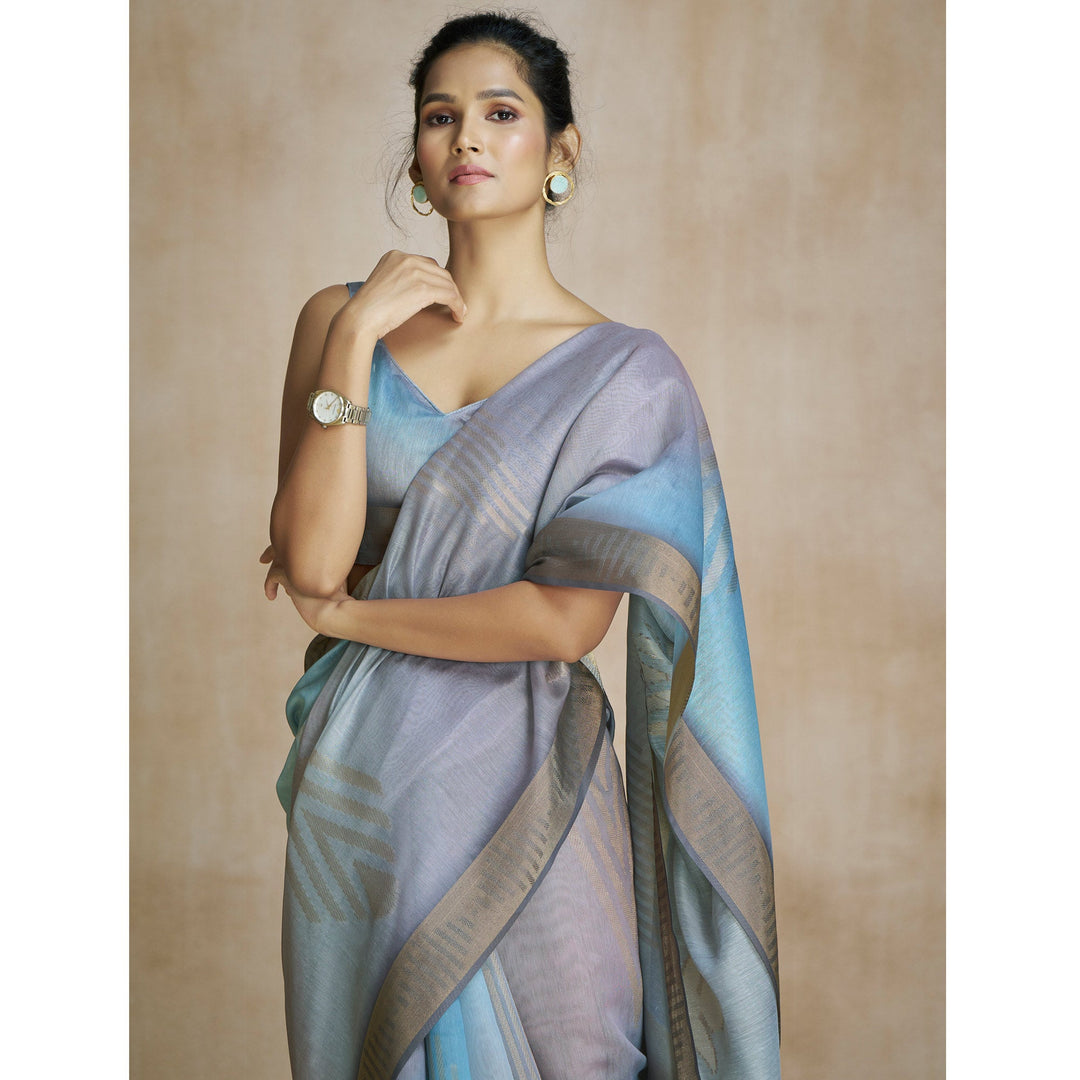 Grey Digital Printed With Woven Pure Silk Ombre Saree