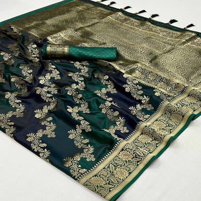 Bottle Green Floral Woven Satin Saree With Tassels