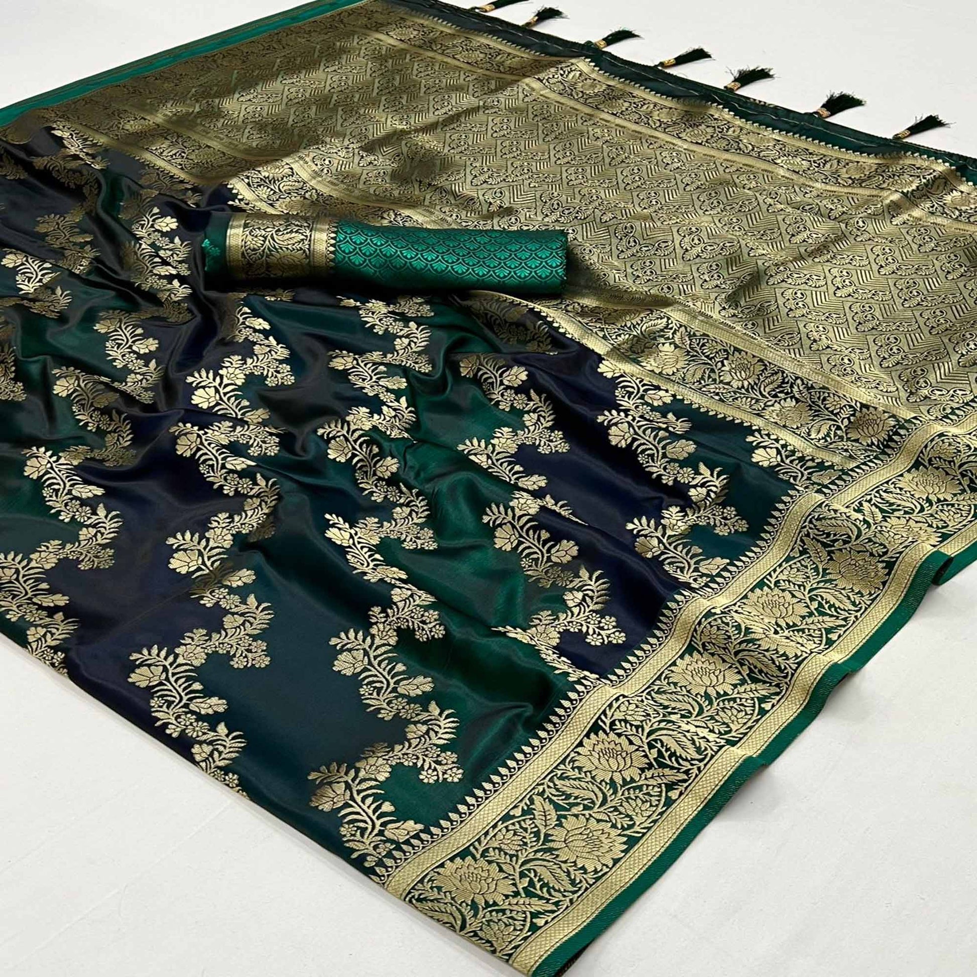 Bottle Green Floral Woven Satin Saree With Tassels