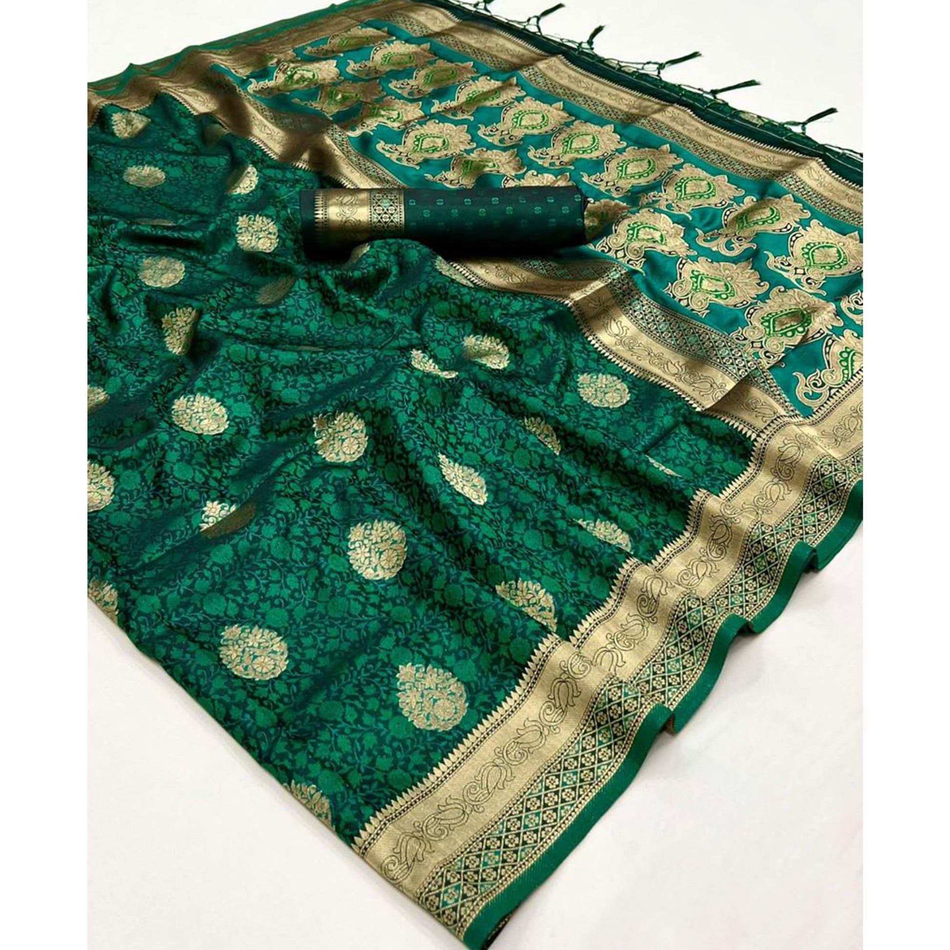 green-floral-woven-satin-saree-with-tassels-1