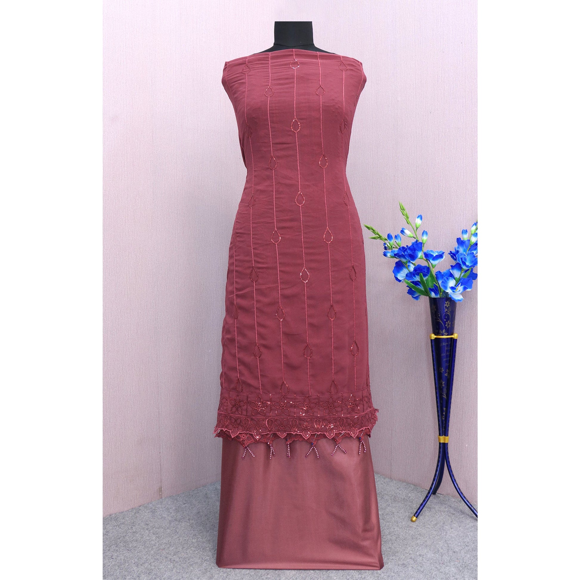Mauve Embroidered Georgette Semi Stitched Pakistani Suit