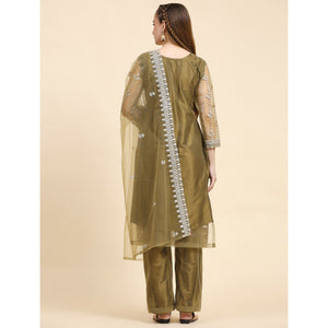 Mehndi Green Sequins Embroidered Net Semi Stitched Pakistani Suit