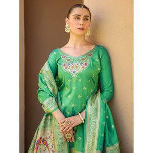 green-floral-woven-banarasi-silk-paithani-dress-material