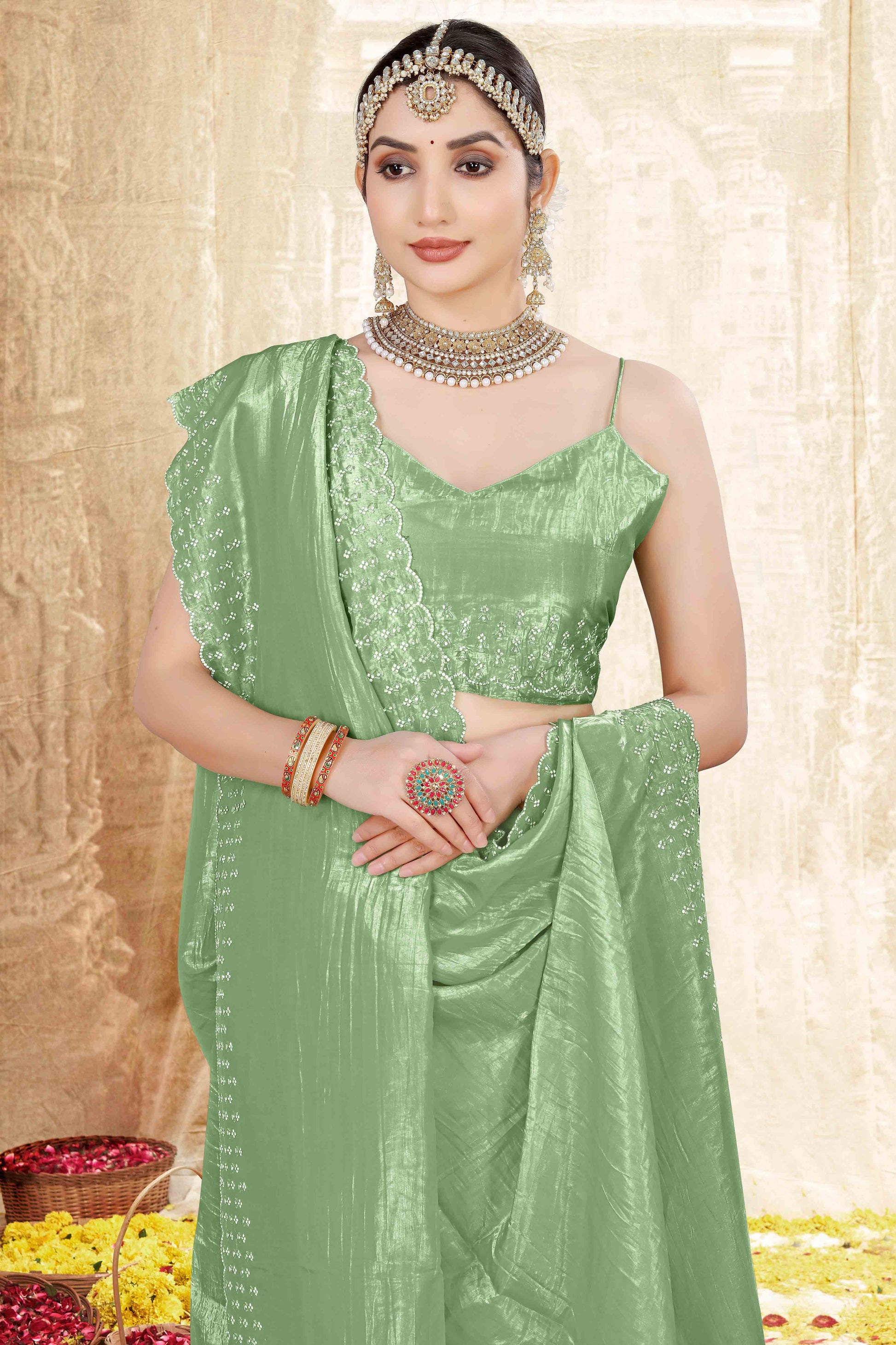 green-zarkan-diamond-work-tissue-gold-crush-saree