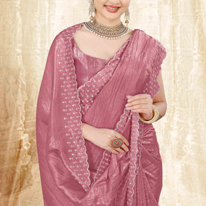 Dusty Pink Zarkan Diamond Work Tissue Gold Crush Saree