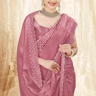 Dusty Pink Zarkan Diamond Work Tissue Gold Crush Saree