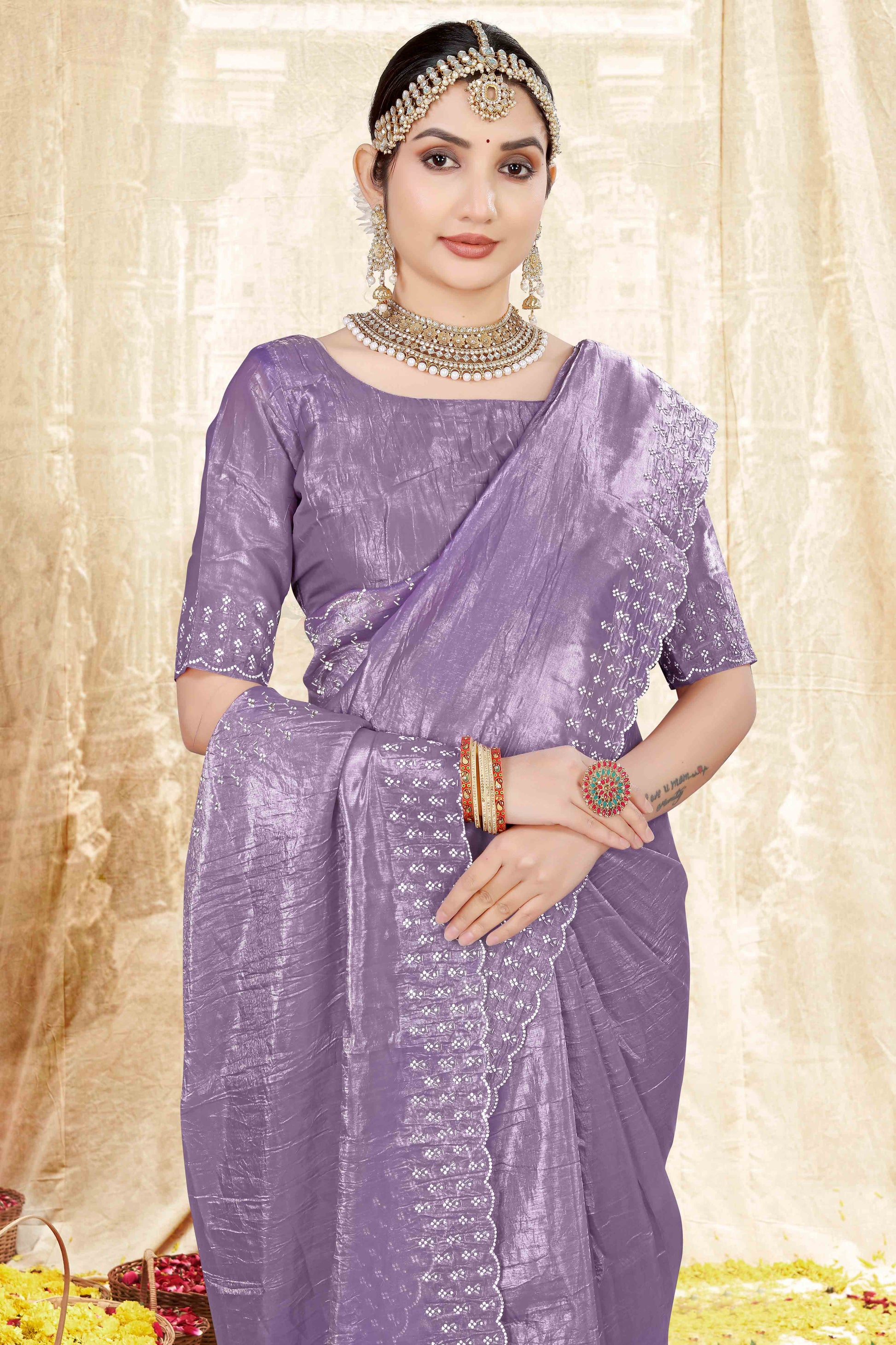 Lavender Zarkan Diamond Work Tissue Gold Crush Saree