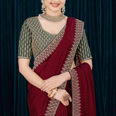 Maroon Solid With Zari Embroidered Vichitra Silk Saree