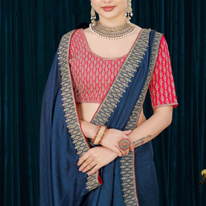 Blue Solid With Zari Embroidered Vichitra Silk Saree