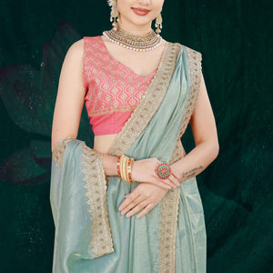 Blue Solid With Swarovski Work Tissue Gold Crush Saree