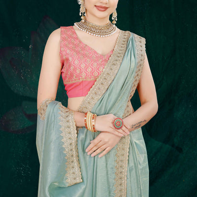 Blue Solid With Swarovski Work Tissue Gold Crush Saree