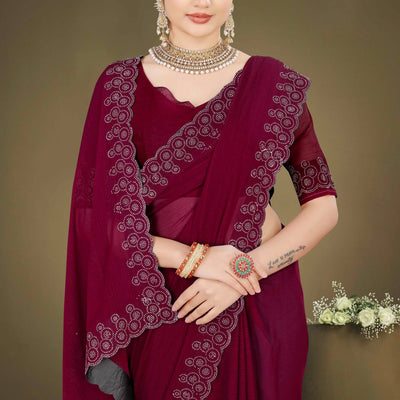 Maroon Solid With Swarovski Work Chiffon Saree