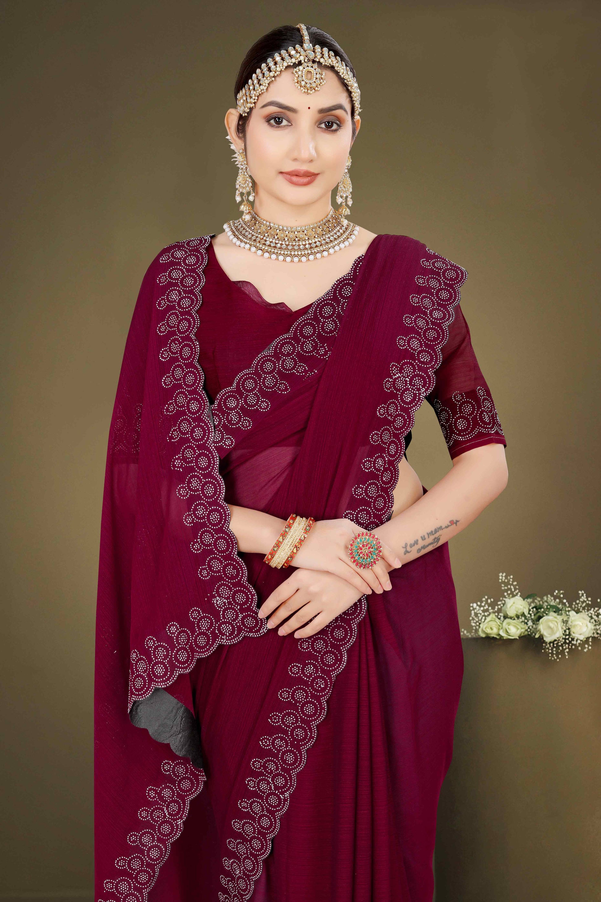 Maroon Solid With Swarovski Work Chiffon Saree