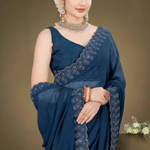 Blue Solid With Swarovski Work Chiffon Saree