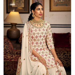 Cream Sequins Embroidered Georgette Semi Stitched Suit