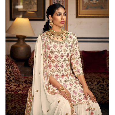 Cream Sequins Embroidered Georgette Semi Stitched Suit