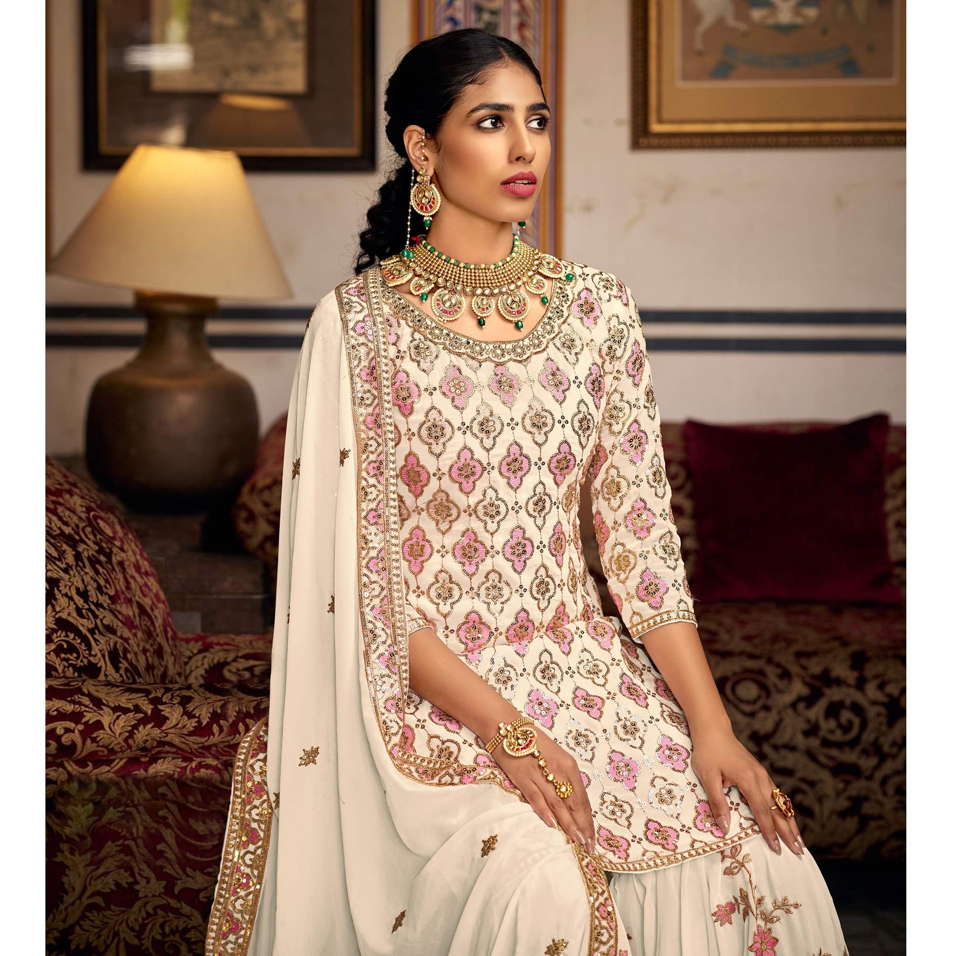 Cream Sequins Embroidered Georgette Semi Stitched Suit