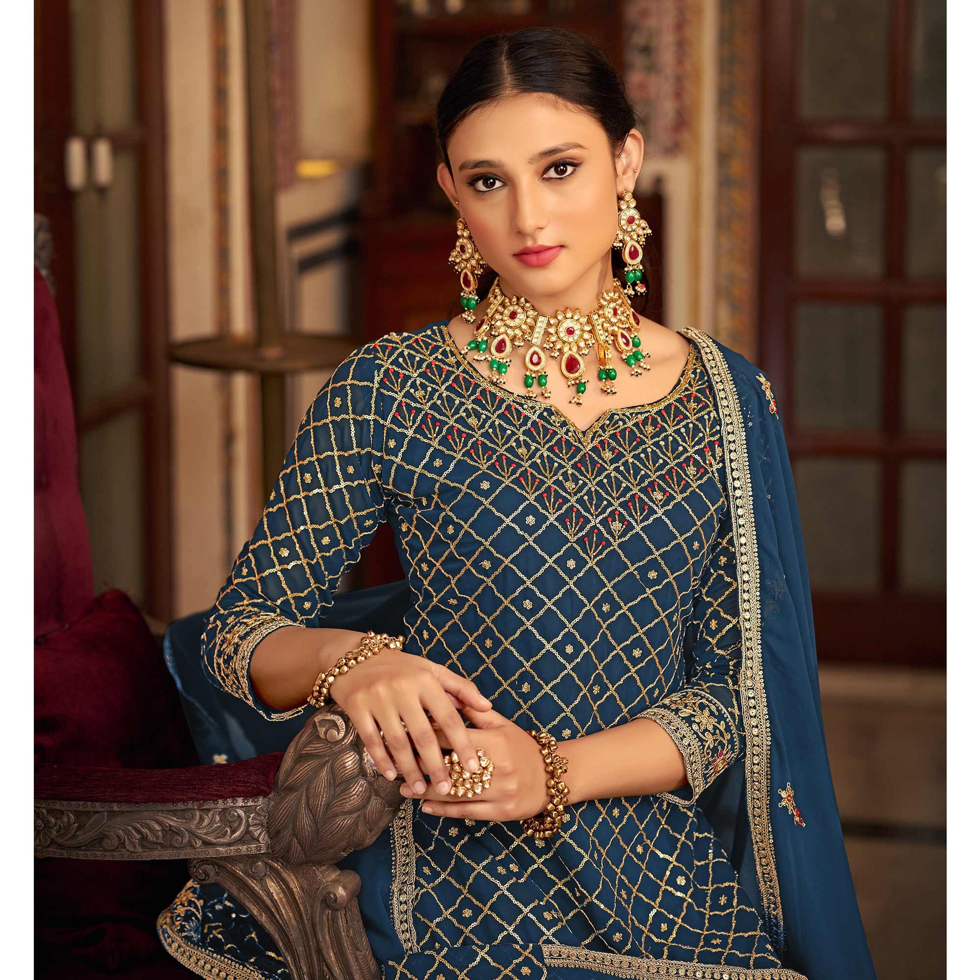 Morpich Sequins Embroidered Chinon Semi Stitched Suit