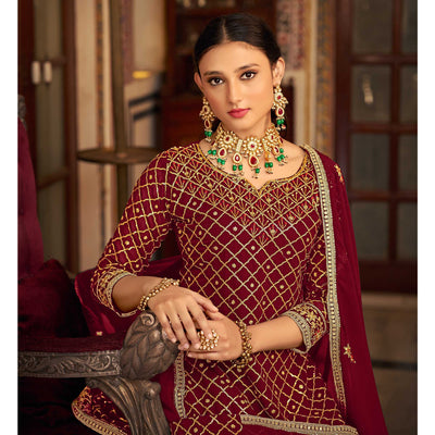 Maroon Sequins Embroidered Chinon Semi Stitched Suit