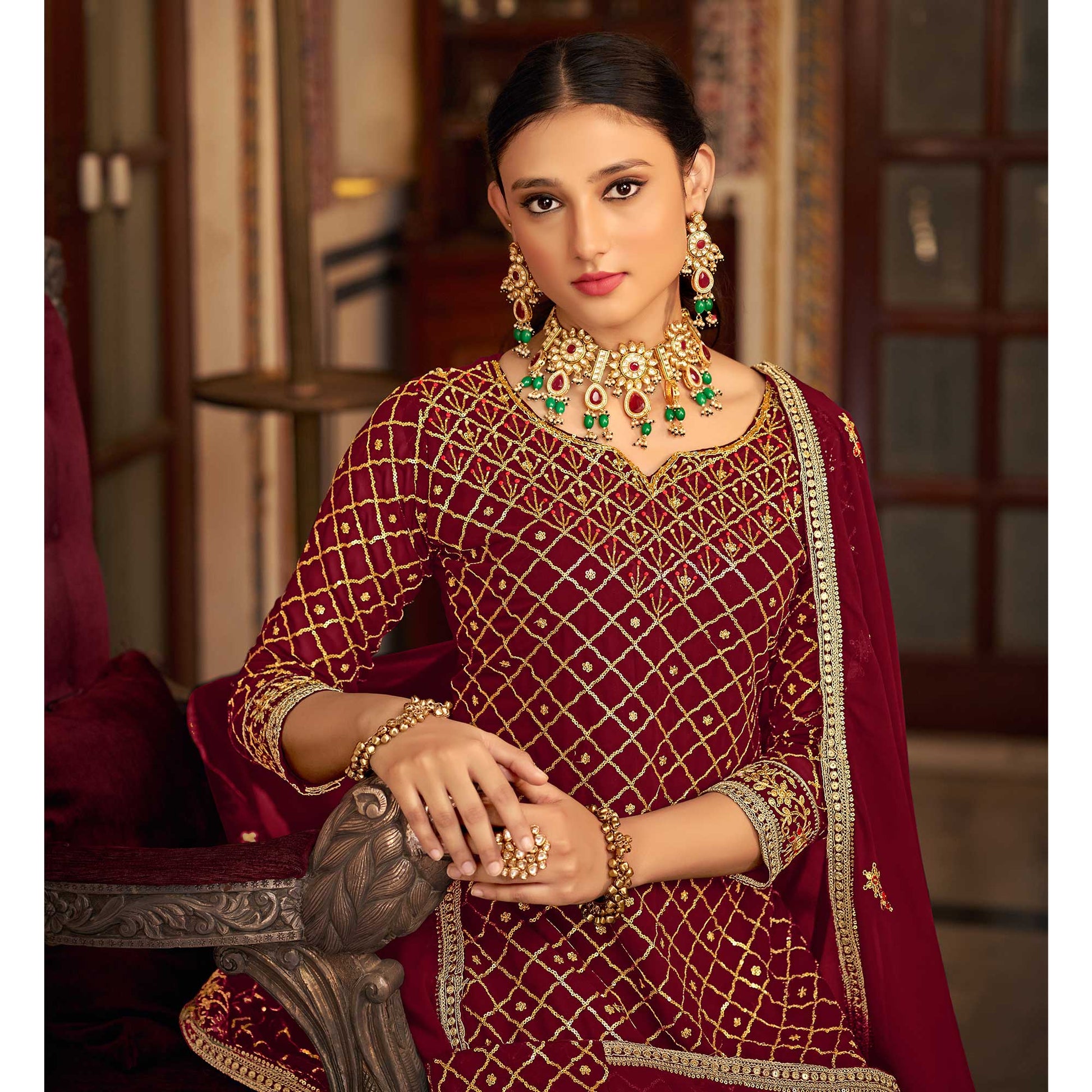 Maroon Sequins Embroidered Chinon Semi Stitched Suit