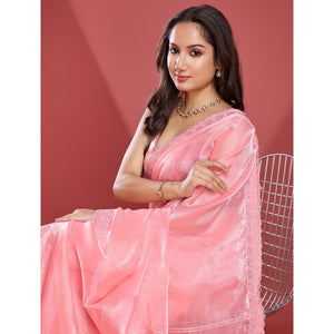 Peach Embroidered Work Tissue Saree