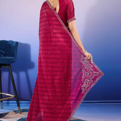 Cherry Red Diamond Zarkan Handwork Satin Chiffon Saree