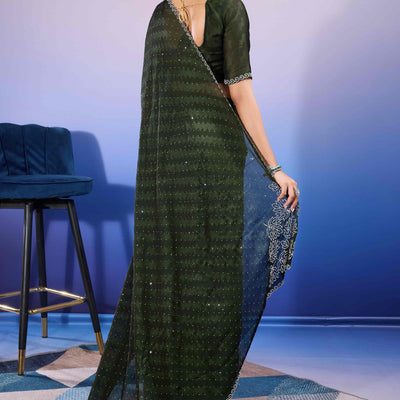 Bottle Green Diamond Zarkan Handwork Satin Chiffon Saree