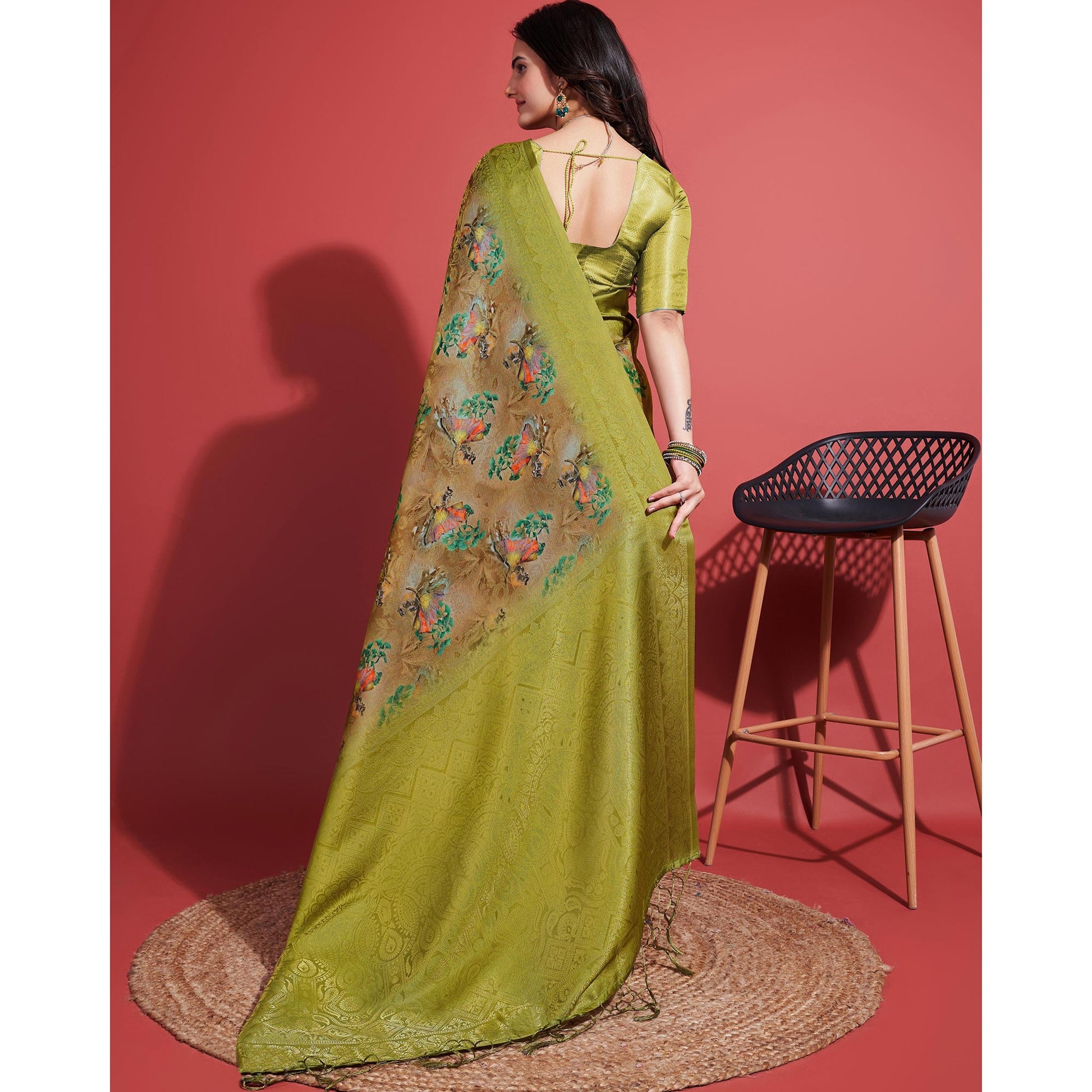 green-floral-digital-printed-banarasi-silk-saree-with-tassels