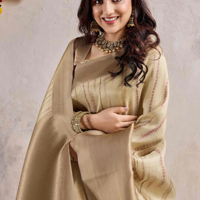 Chikoo Woven With Digital Printed Banarasi Silk Saree