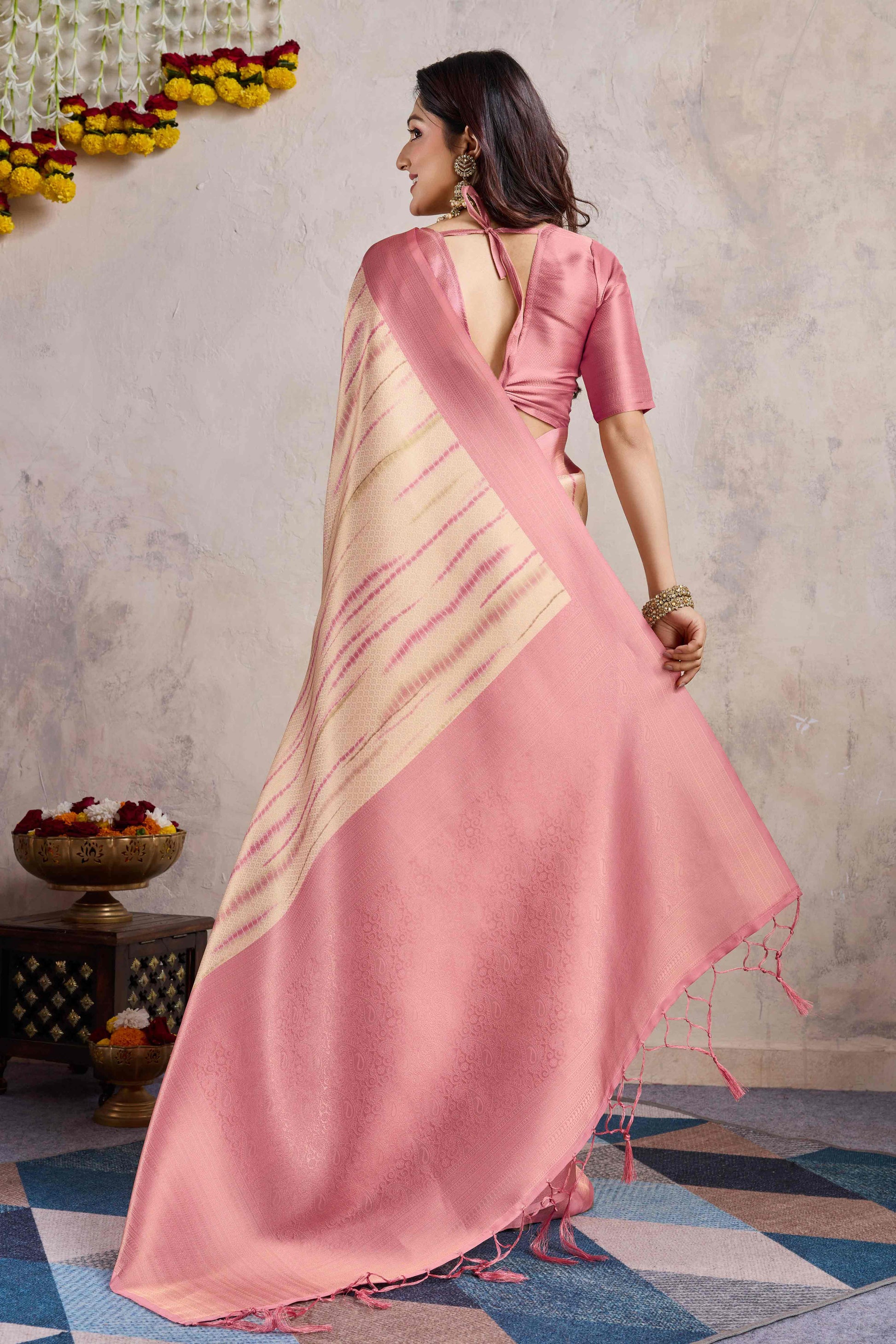 Gajari Pink Woven With Digital Printed Banarasi Silk Saree