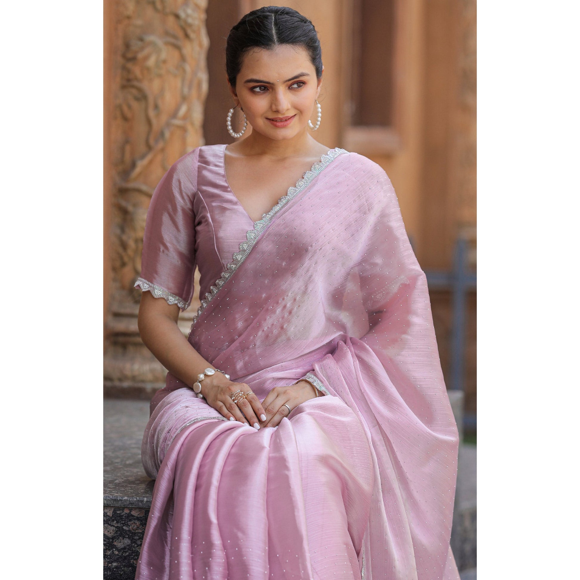 Lavender Stonework Tussar Silk Saree