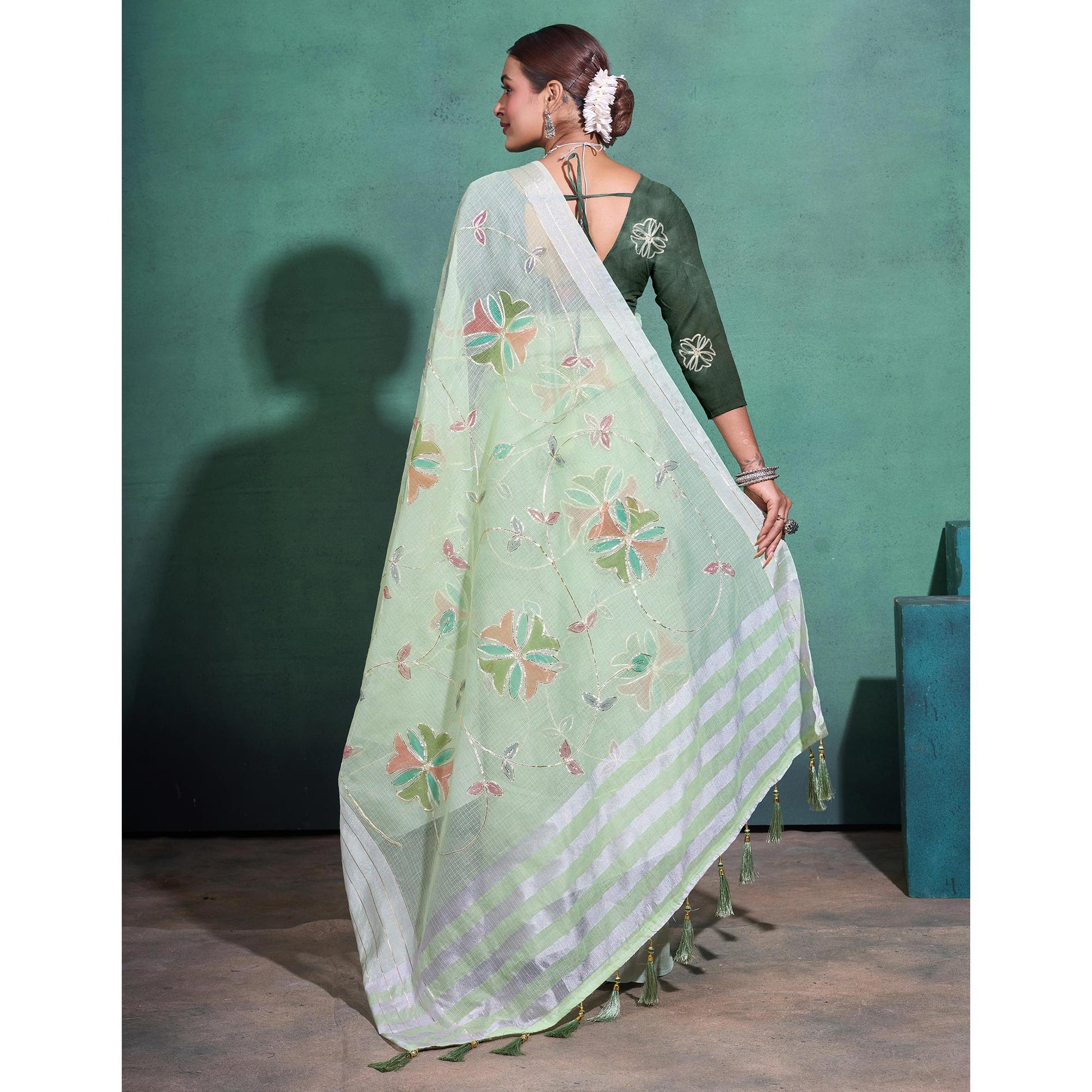 green-gota-patti-embroidered-linen-saree-with-tassels