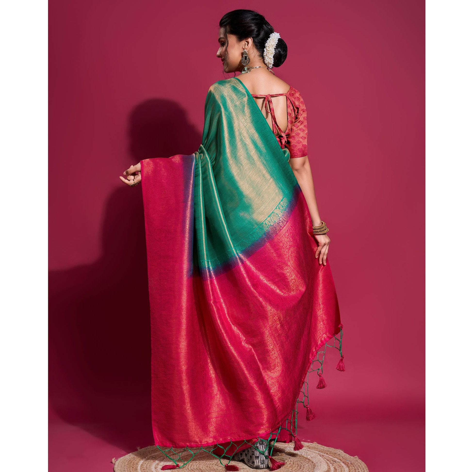 green-pink-woven-kanjivaram-silk-saree-with-tassels