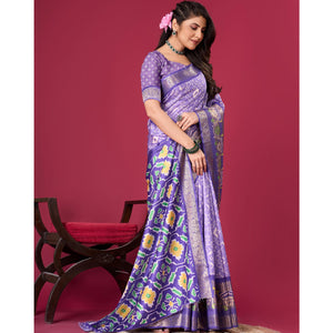 Lavender Digital Patola Printed With Woven Border Dola Silk Saree