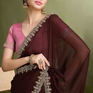 Brown Solid With Zari Embroidered Georgette Saree