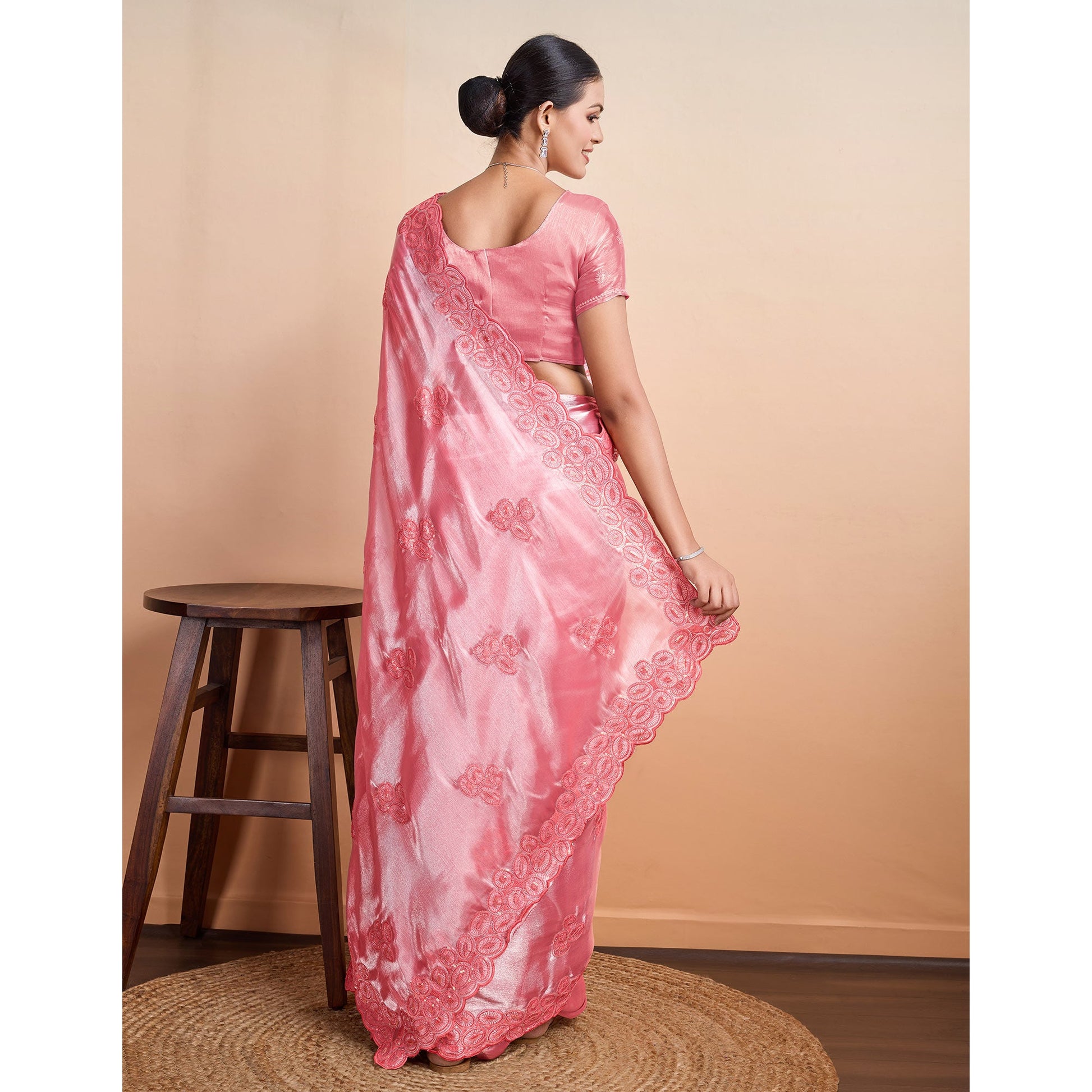 Gajri Pink Sequins Embroidered Organza Saree