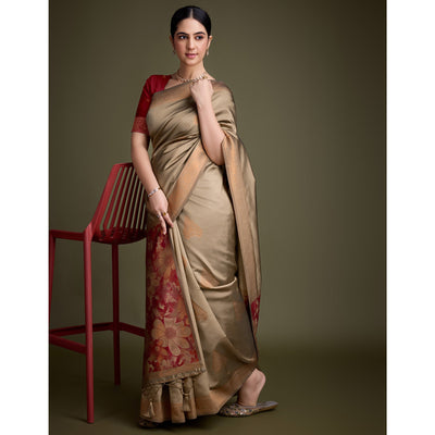Chikoo Floral Woven Banarasi Silk Saree