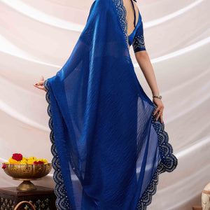 Blue Stone Work Embroidered Velvet Chiffon Saree