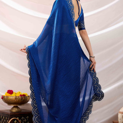 Blue Stone Work Embroidered Velvet Chiffon Saree