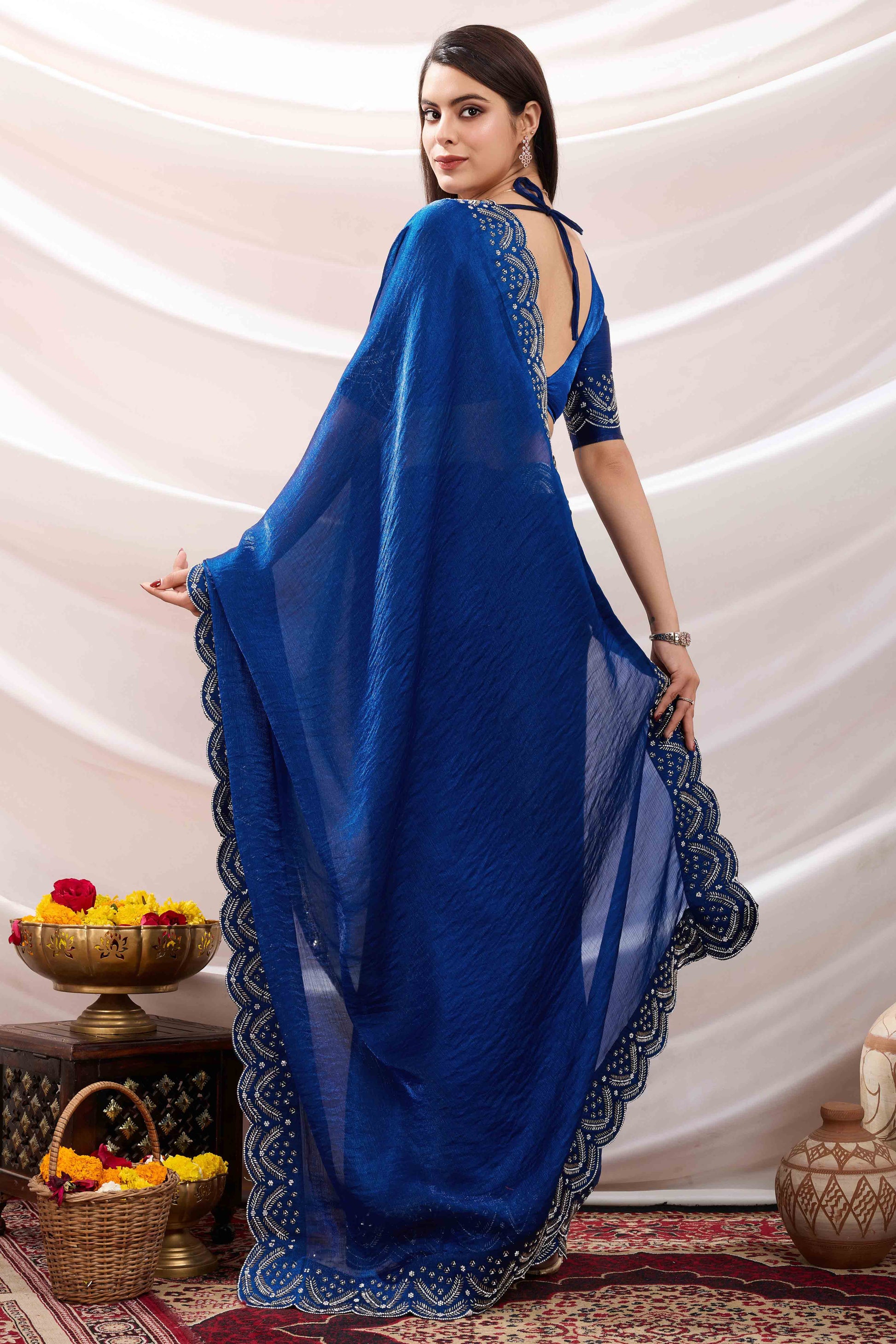 Blue Stone Work Embroidered Velvet Chiffon Saree