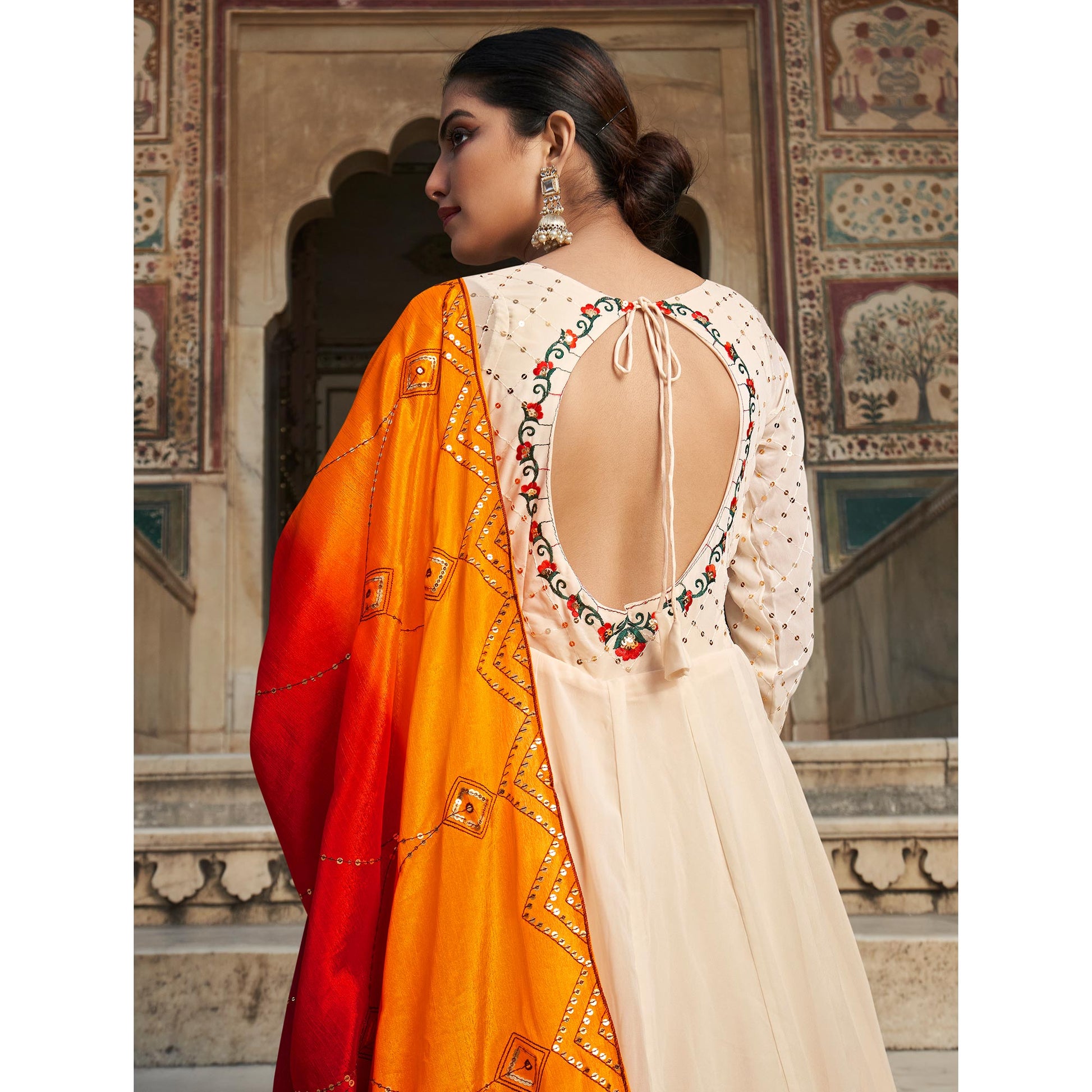 Cream Sequins Embroidered Georgette Gown With Dupatta