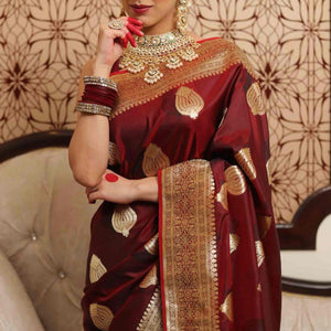 Maroon Floral Woven Lichi Banarasi Silk Saree