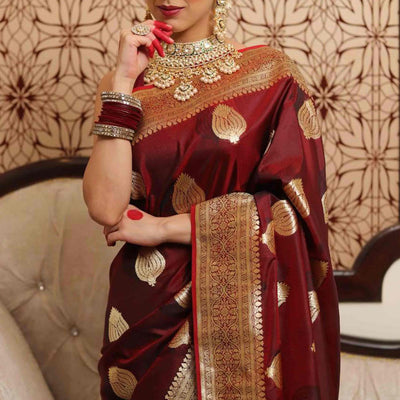 Maroon Floral Woven Lichi Banarasi Silk Saree