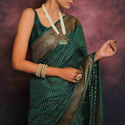 Bottle Green Floral Woven Lichi Banarasi Silk Saree